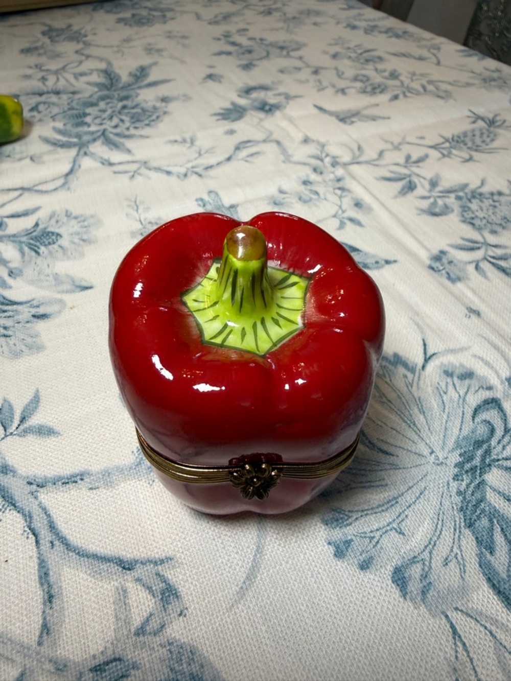 Limoages Red Ceramic Bell Pepper Trinket Box with Green Stem Detail